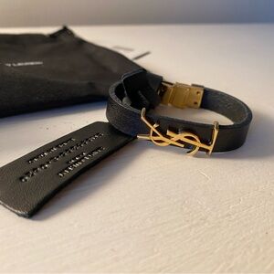 New Authentic Saint Laurent Black Leather Bracelet with Gold Accent- small